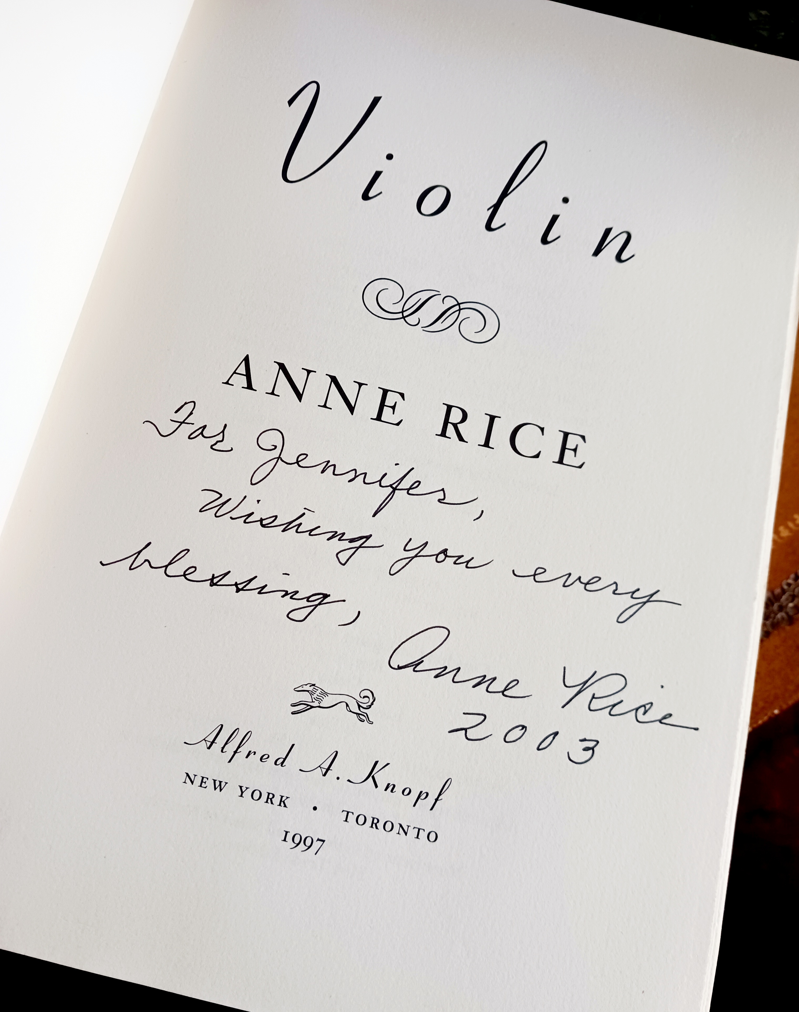 What authors read. Authoress Jennifer Susannah Devore's copy of Violin, signed in 2003 by Anne Rice, from her First Street home in the Garden District of New Orleans, Louisiana. Photo: JSDevore